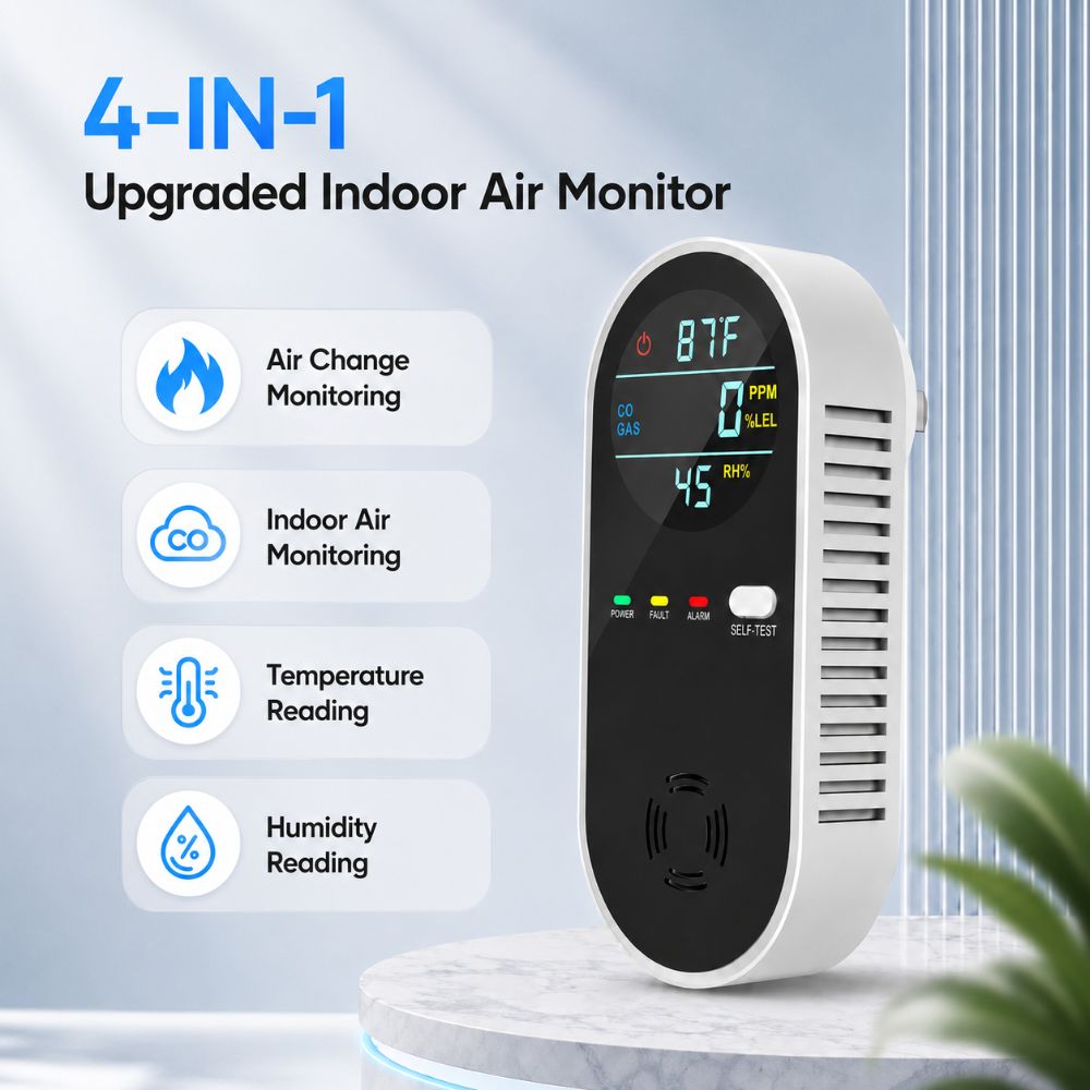 Co Detector Plug - 4-in-1 LED-Display Gasdetektor Multifunktionaler Sicherheitsalarm CO-Sensor