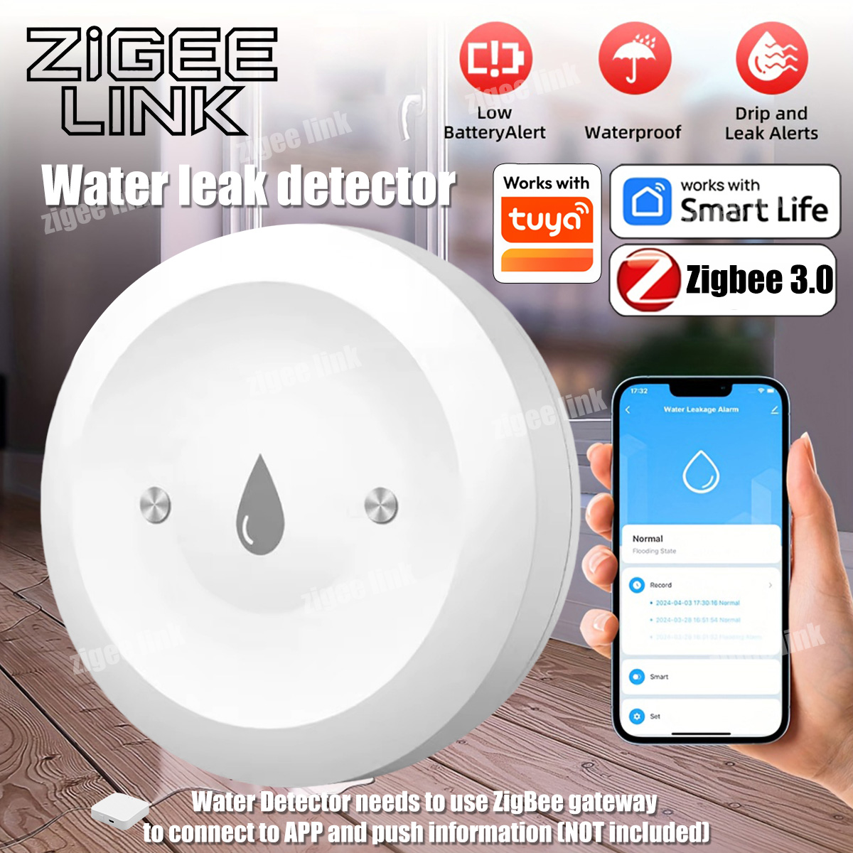 Water Alarm Sensor - ZigBee 3.0 Wassersensor Intelligenter Leckdetektor Flut-