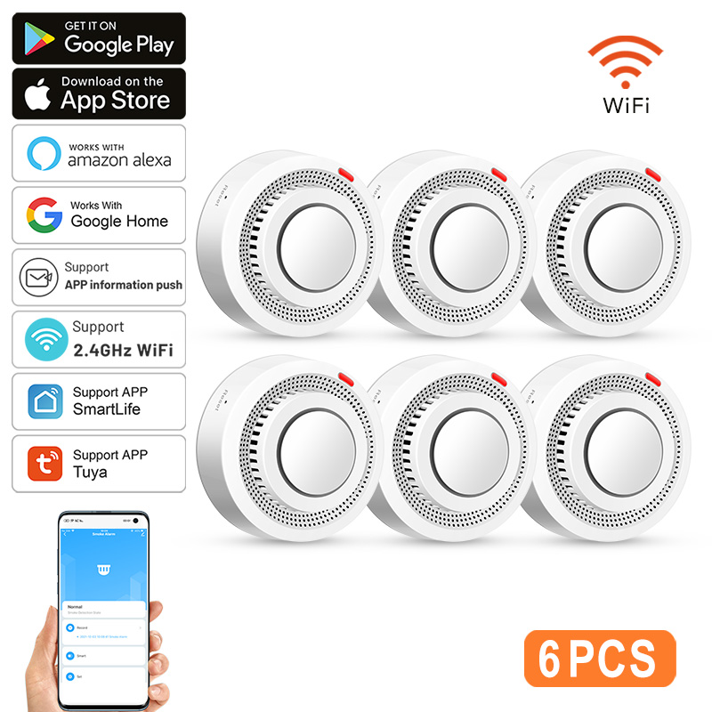 Smoke Detector Interconnected - 6er-Pack Tuya WiFi Smart Rauchmelder, Smartlife